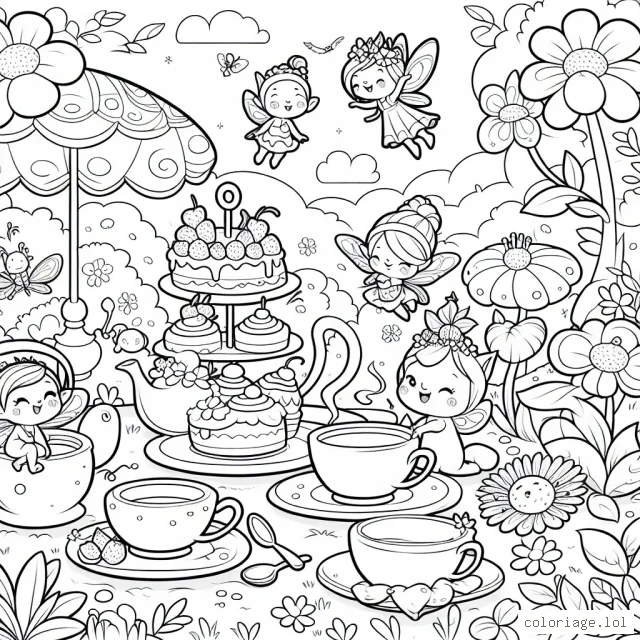 Imagine un jeu de thé dans un jardin enchanté. Il y a des fées volant autour de petites tasses de thé, des gâteaux délicieusement fantaisistes et des fleurs qui parlent. Tout est coloré et magique, rempli de joyeux personnages qui profitent du beau temps. N'oublies pas de donner des couleurs à tout ce qui est vivant !