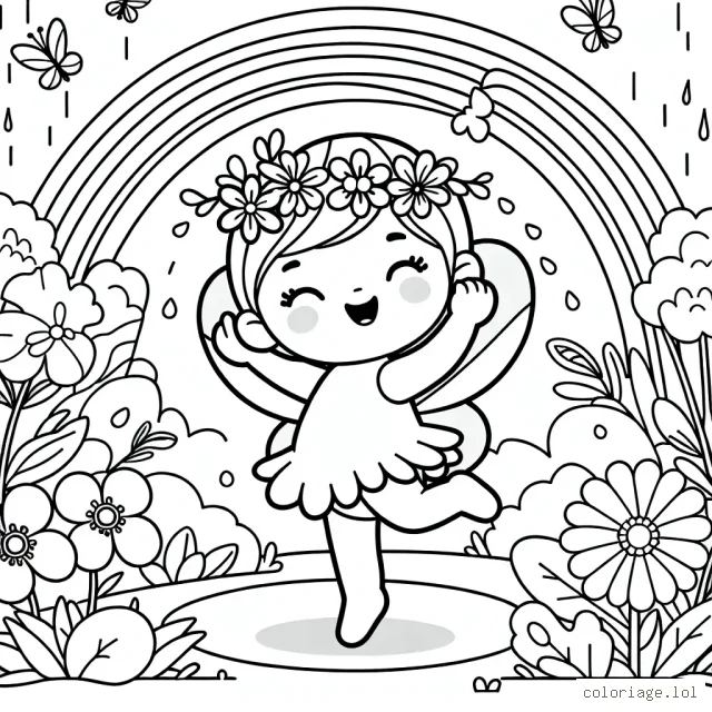 Une petite fée danse joyeusement dans un jardin fleuri sous un arc-en-ciel brillant.