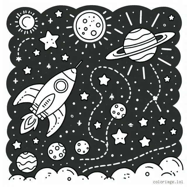 Dessine un espace intersidéral avec une fusée, des planètes et des étoiles