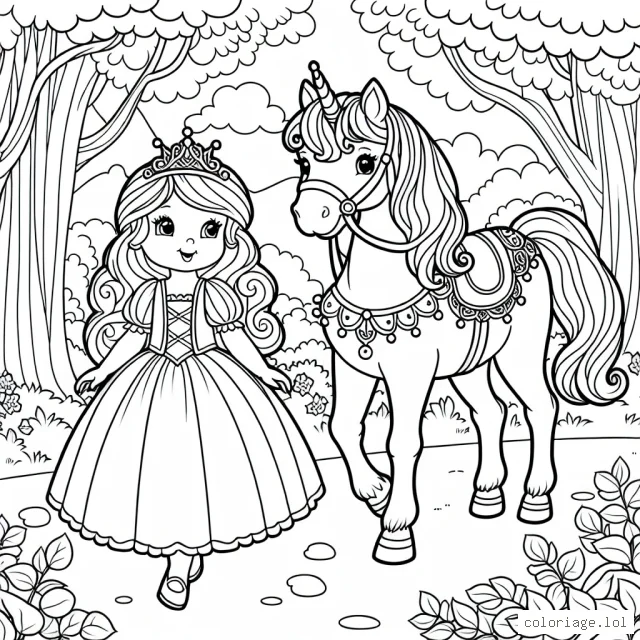 Jolie Princesse marchant avec son noble poney dans un jardin enchanté.