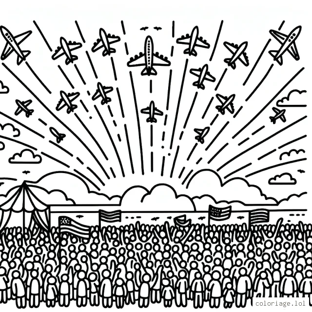 Imaginez un coloriage qui représente un spectacle aérien avec de nombreux avions traversant le ciel au-dessus d'une grande foule.