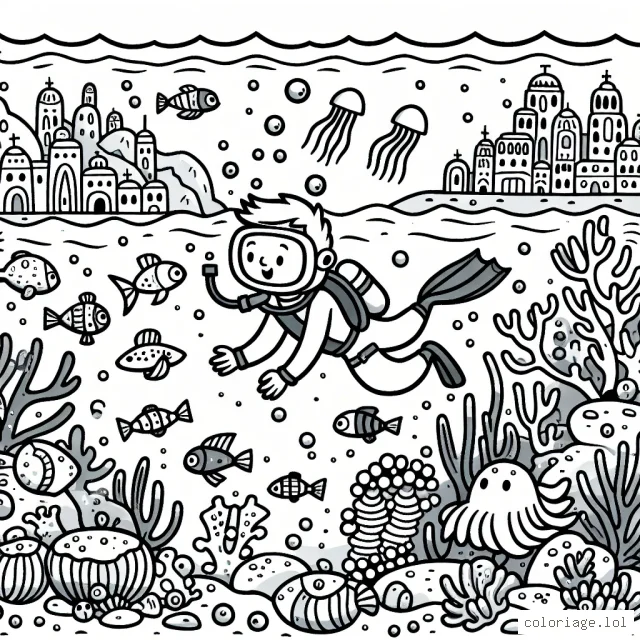 Un plongeur découvrant une cité sous-marine peuplée de créatures colorées