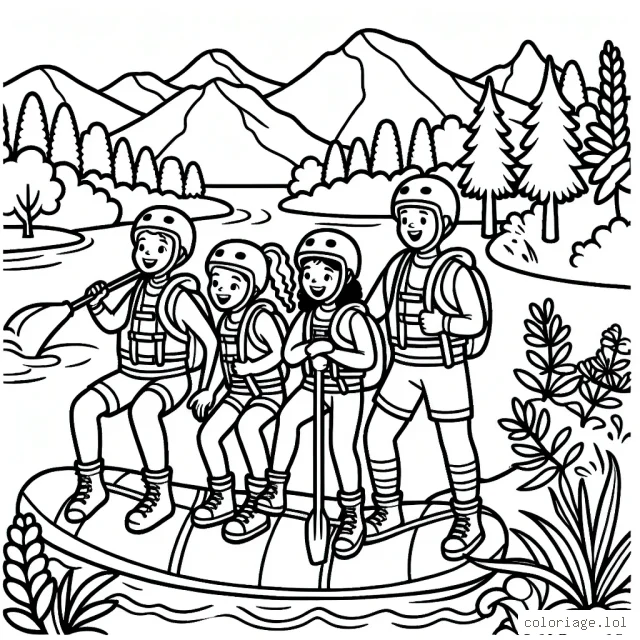 Un dessin magnifiquement détaillé d'un groupe d'amis faisant du sport extrême dans la nature