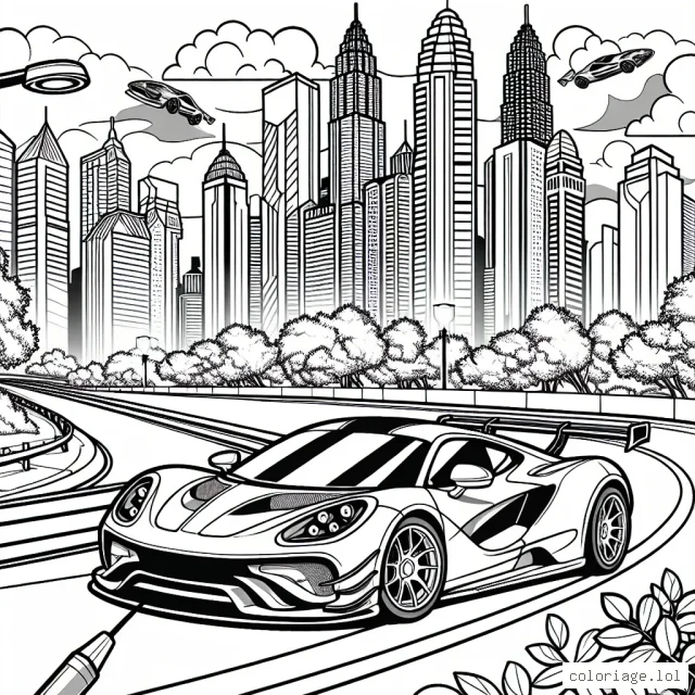 Dessine une course effrénée de voitures de sport sur une piste aux multiples virages, traversant un paysage urbain impressionnant. N'oublie pas de détailler aussi bien les véhicules, les passagers et les décores.