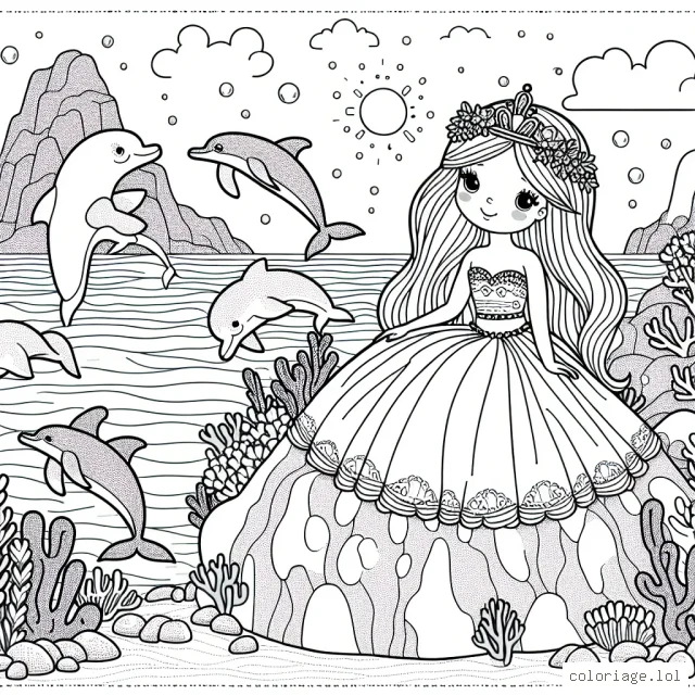 Une princesse assise sur un rocher dans un paysage marin avec des sirènes nageant autour d'elle et des dauphins sautant de l'eau au loin