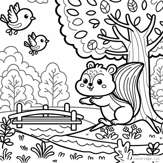 Un petit écureuil est en train de s'amuser dans la forêt avec ses amis les oiseaux. Dans le tableau, nous voyons également un arbre abondant, une petite rivière et un pont miniature que l'écureuil et ses amis utilisent pour sauter par-dessus.