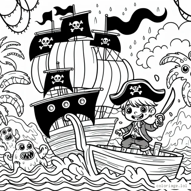 Un jeune pirate intrépide à bord d'un bateau effrayant, voguant sur l'océan déchaîné à la recherche d'un trésor perdu sur une île mystérieuse peuplée de créatures étranges.