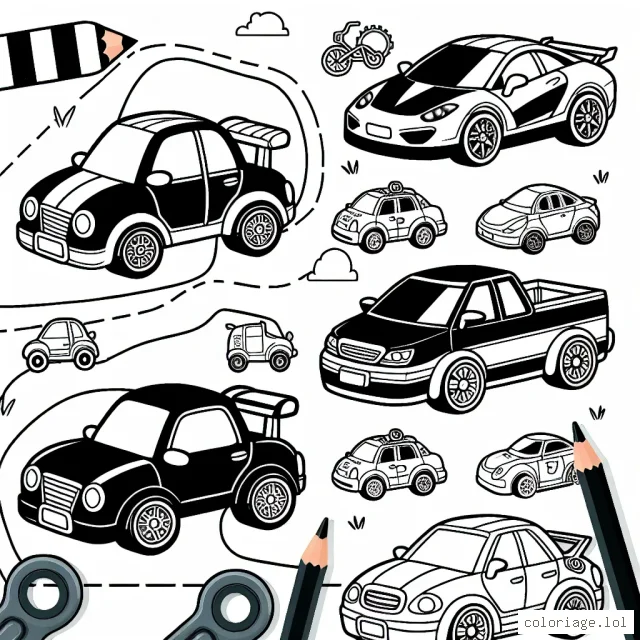 Dessine une scène avec des voitures de différentes marques célèbres. Chaque voiture devra avoir le logo de sa marque visible.