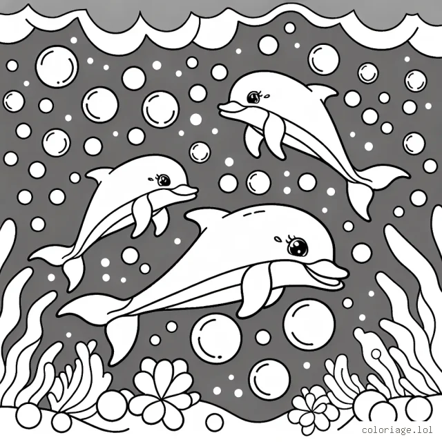 Un ballet de dauphins jouant avec des perles multicolores sous l'océan.