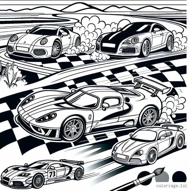 Dessine une scène de voitures de différentes marques en pleine course sur une piste de course animée. Les marques de voitures peuvent inclure: Ferrari, BMW, Audi, Porsche, et Mercedes-Benz.