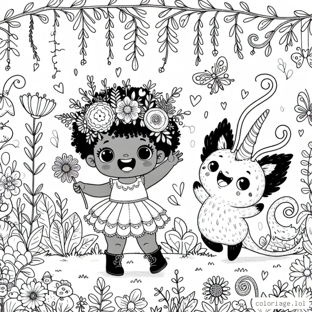 Une adorable petite fille joue avec un mystérieux animal féerique dans un jardin enchanté, parsemé de fleurs diverses et de petites créatures amusantes.