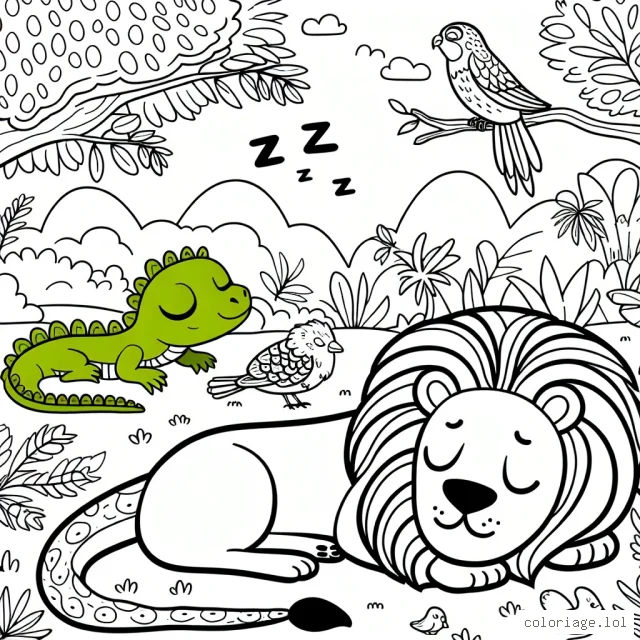 Dans la jungle avec un petit saurien vert, un lion somnolent et des oiseaux aux plumes colorées.