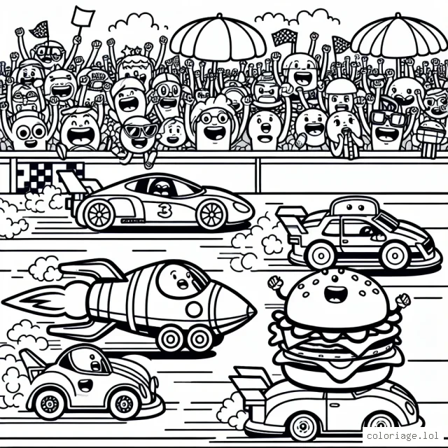 Dessinez une course animée entre des voitures de différentes formes et tailles. Il y a une voiture fusée en tête, suivie de près par une voiture hamburger. Une foule dense de personnages de dessins animés regarde la course depuis le bord de la route. Il y a également des musiciens qui jouent de la musique entraînante sur la ligne de départ/arrivée.