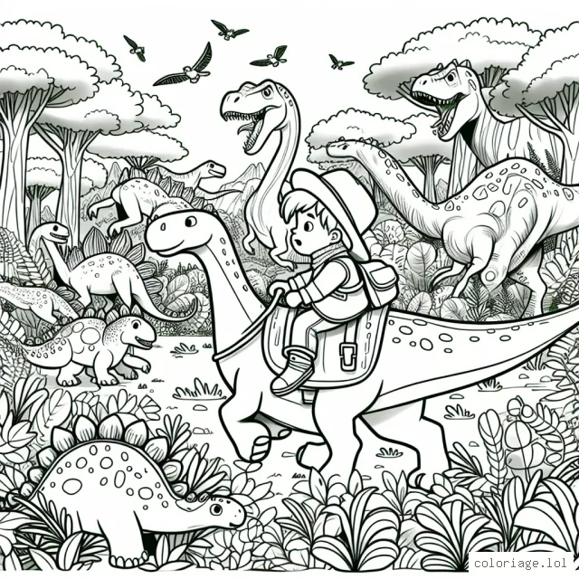 Un petit garçon courageux explore une gigantesque forêt de dinosaures animés où il rencontre des créatures incroyables. Il monte sur le dos d'un dinosaure amicale, tandis que d'autres dinosaures, tous plus colorés et uniques les uns que les autres, les observent.