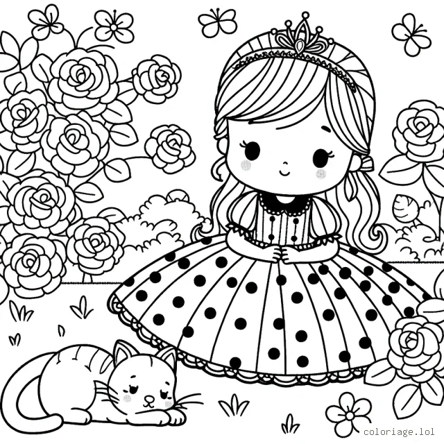 Une petite fille en robe de princesse à pois joue avec son chat paresseux dans un jardin de roses