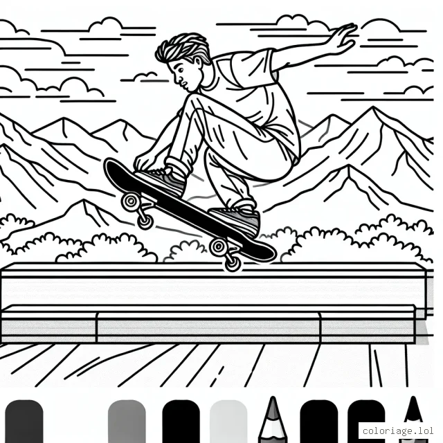 Un skateur professionnel effectuant un stunt audacieux sur une rampe de skate-park, avec des montagnes en arrière-plan