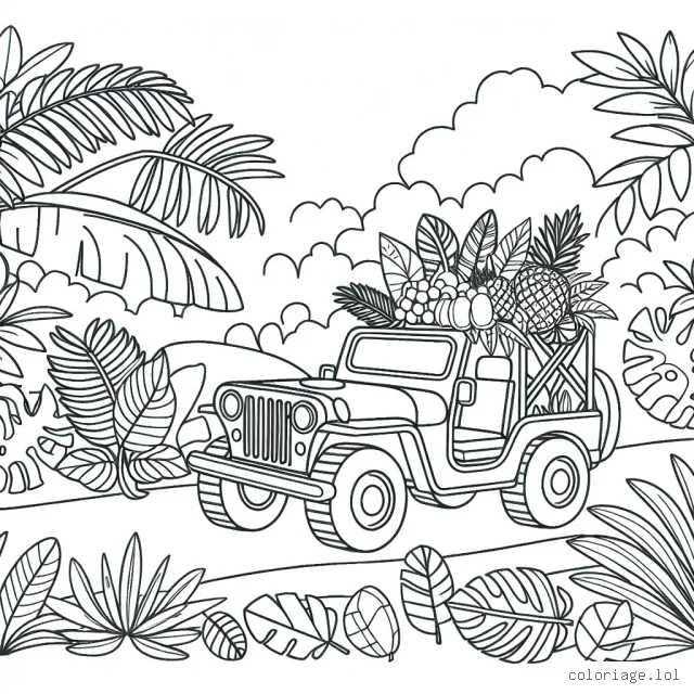Un jeep détaillé surmonté de feuilles et de fruits tropicaux, traversant une jungle mystérieuse.