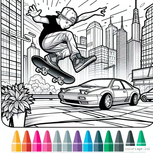 Dessine un skateur qui effectue un saut impressionnant au-dessus d'une voiture, avec une ville animée en arrière-plan.