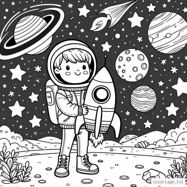 Un petit garçon tient dans ses mains une gigantesque fusée spatiale prête pour le décollage. Autour de lui, le paysage est jonché d'étoiles et de planètes à explorer. Dessine et colore cet incroyable voyage dans l'espace !