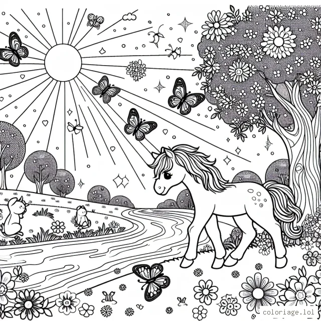 Un joli poney se promène dans une prairie fleurie, bordée par une rivière scintillante. Le soleil brille dans le ciel, créant de jolis reflets sur les pétales des fleurs et de l'eau. Des papillons multicolores volettent joyeusement autour du poney. Il y a aussi des petits lapins qui grignotent tranquillement des carottes à proximité.