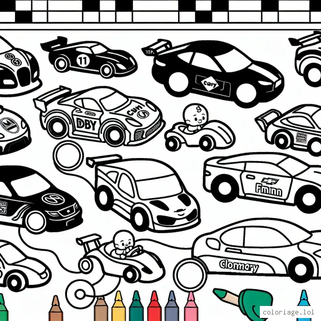 Des voitures de différentes marques sont alignées, prêtes pour une course. Chacune est marquée de son logo unique. L'enfant est invité à les colorier.
