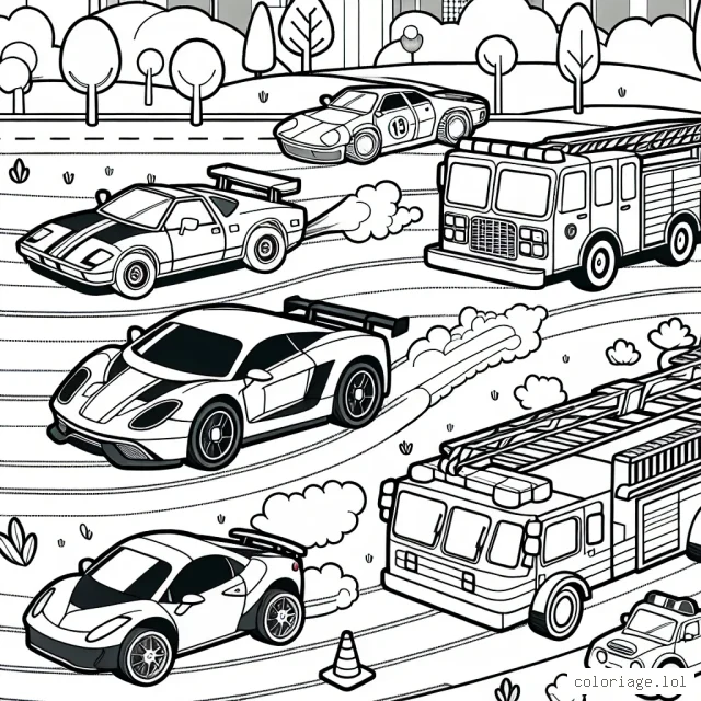Colorier une course palpitante entre des voitures de sport, un camion de pompiers, une dépanneuse et un bus scolaire. N'oublie pas de donner des couleurs aussi au paysage!