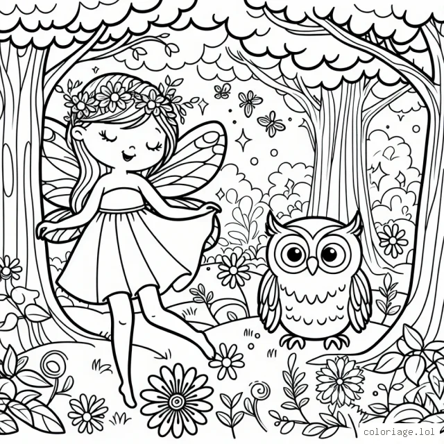 Dessinez une fée enchantée qui vit dans une forêt florissante avec son meilleur ami, un hibou sage.