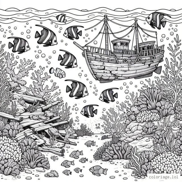 Sur une grande feuille blanche, invitez votre enfant à dessiner une scène fantastique du fond sous-marin avec plusieurs poissons exotiques, un corail coloré, une épave de navire ancien, et un château de sable au fond de l'océan.