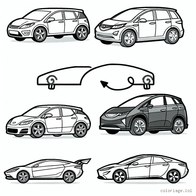 Dessine une série de voitures, chaque voiture correspondant à une marque spécifique comme Mercedes, BMW, Audi, Tesla et Ferrari. Assure-toi de capturer les détails qui rendent chaque marque unique.