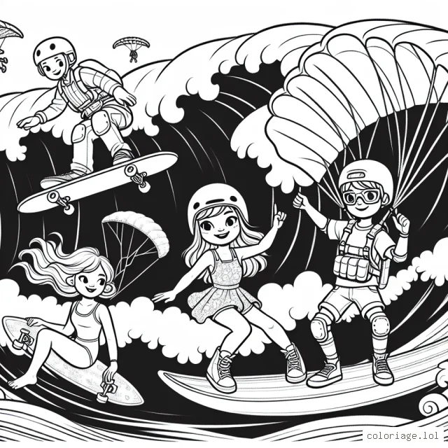Imagine une scène où une fille fait du skateboard sur une rampe de skate park, un garçon fait du saut en parachute et une autre fille pratique le surf sur des vagues gigantesques. Dessine cela en y ajoutant des détails comme les expressions de leur visage, leurs vêtements de sport et les détails de leurs équipements.