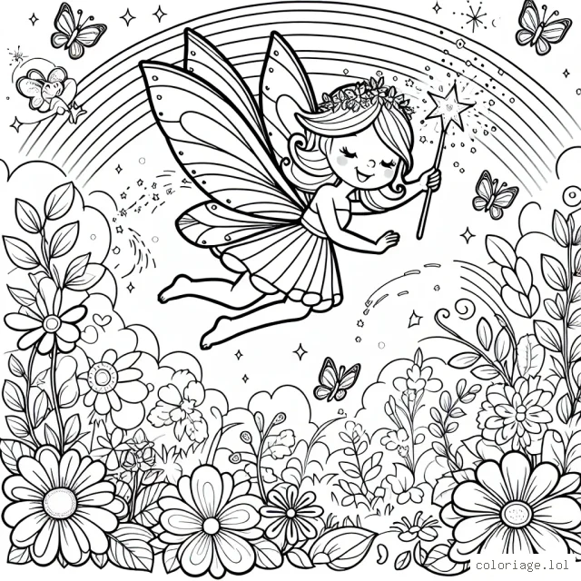 Une fée gracile vole au-dessus d'un jardin luxuriant, parsemé de fleurs colorées. Elle tient une baguette magique scintillante, prête à répandre sa magie. Un arc-en-ciel lumineux adorne le ciel et l'accompagnent des papillons joyeux, des oiseaux chantants et des lapins bondissant autour du jardin. Les enfants peuvent colorier ce dessin pour aller à un voyage féérique.