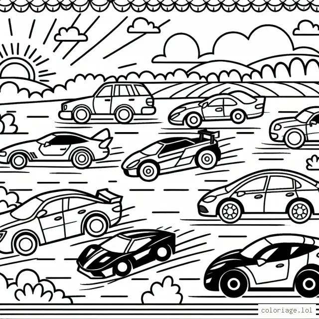 Dessine une course dynamique entre différentes voitures sur une autoroute ensoleillée.