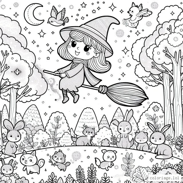 Une petite sorcière sur son balai magique vole au-dessus d'une forêt enchantée, remplie d'adorables animaux de la forêt. Pendant qu'elle vole, elle sème des paillettes magiques qui changent les couleurs de l'automne en printemps.
