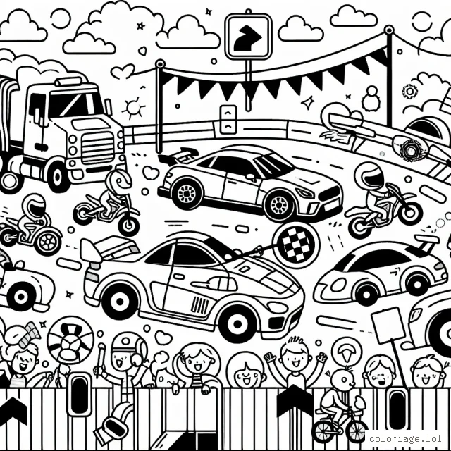 Un circuit automobile avec des voitures de sport, des camions, des motos, des panneaux de signalisation et des spectateurs excités.