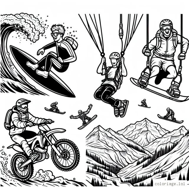 Créez un dessin stupéfiant avec un aventurier intrépide en pleine action de sport extrême. Faites-le faire du surf sur de grandes vagues, du saut à l'élastique depuis un pont vertigineux, du VTT dans des montagnes escarpées, et du snowboard lors d'une avalanche! N'oubliez pas de bien détailler les expressions de son visage tout au long de ces activités passionnantes. Ensuite, colorez-le avec les couleurs les plus vibrantes pour faire ressortir toute l'audace et l'excitation de ces sports extrêmes.