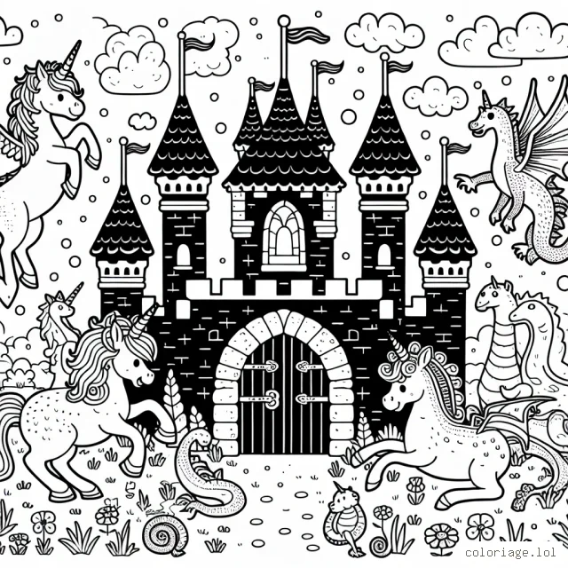 Un château médiéval habité par des animaux fantastiques