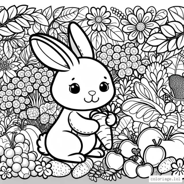 Dans ce dessin, les enfants peuvent colorier un joli lapin dans son jardin secret, plein de fruits, de légumes et de belles fleurs.
