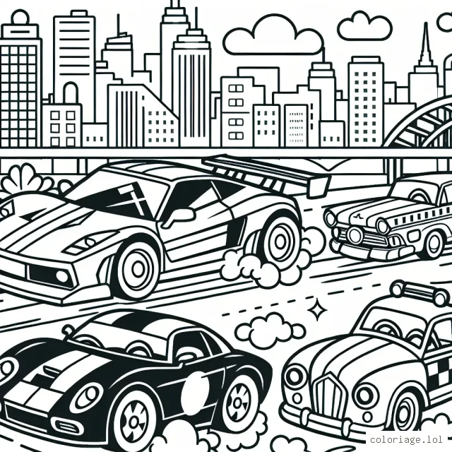 Imagine et dessine une course animée entre une voiture de sport, une voiture ancienne et une voiture de police dans une ville animée.