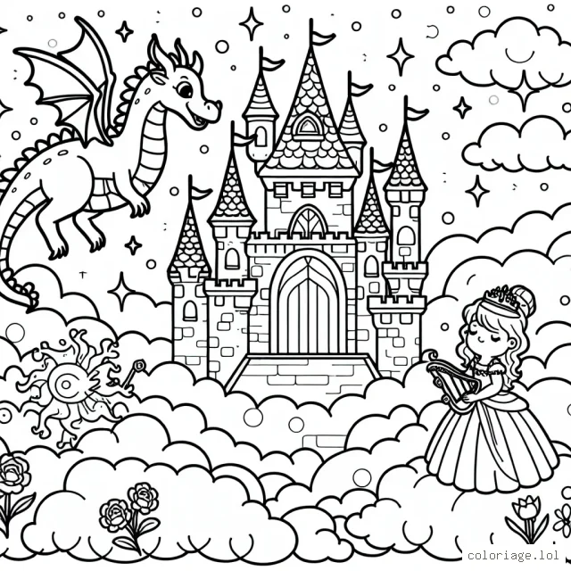 Un château enchanteur flottant parmi les nuages avec un dragon ami et une princesse qui joue de la harpe.