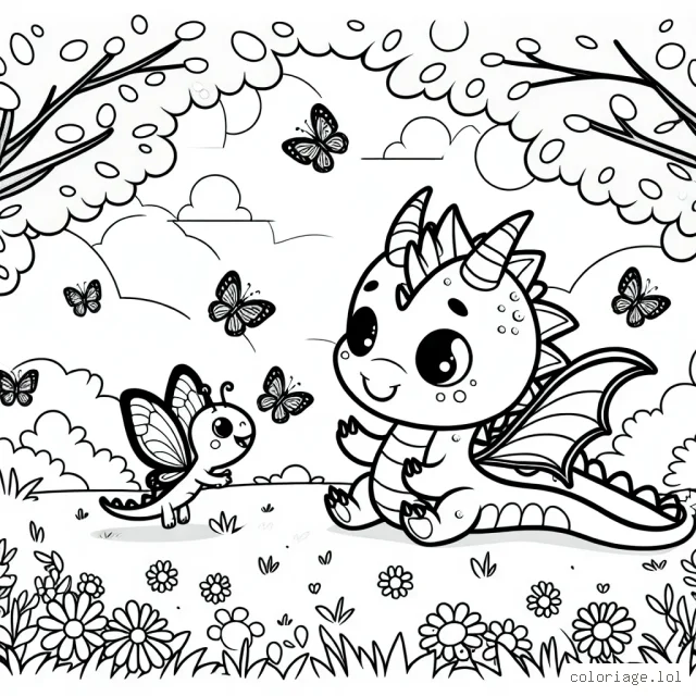 Un petit dragon jouant avec des papillons dans une prairie printanière