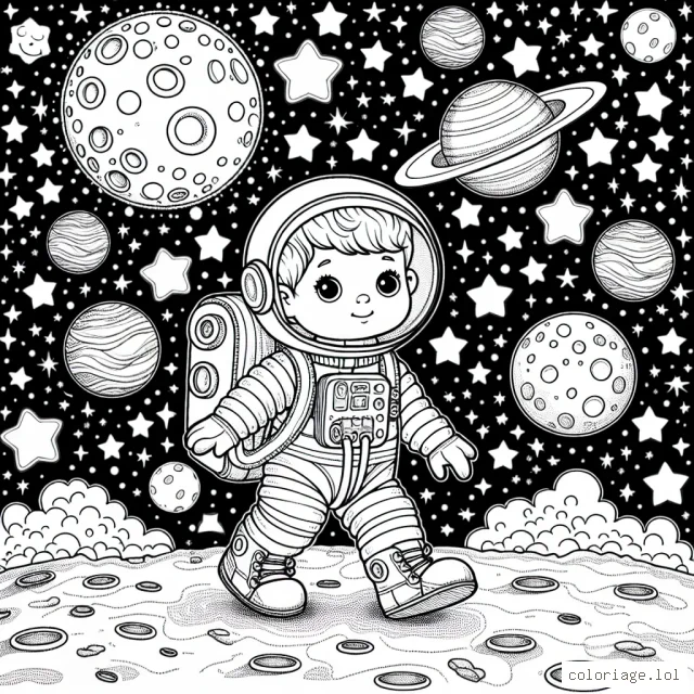Un astronaut petit garçon qui marche sur la lune en arrière-plan avec des étoiles scintillantes et des planètes colorées.