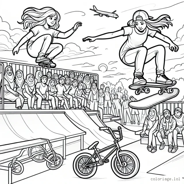 Dans ce dessin, initialement en noir et blanc, une jeune fille réalise un saut audacieux en skateboard sur une rampe dans un parc de skateboard. Un public est rassemblé autour de la rampe, le regard plein d'admiration et d'anticipation. Il y a également un jeune garçon qui fait du BMX en arrière-plan. Tous les détails doivent être colorés, y compris le ciel et le soleil couchant.