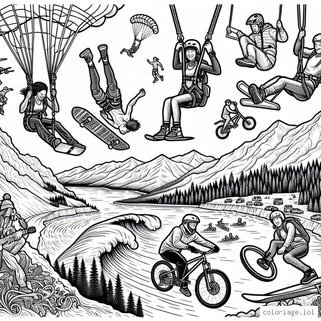 Une scène spectaculaire de sports extrêmes est représentée, réunissant diverses disciplines comme le saut à l'élastique, le surf de gros, le skate vert, le BMX freestyle, l'escalade libre et le ski freeride. Les personnages pratiquant ces sports sont placés de manière stratégique et captivante dans l'image, avec un fond de paysages naturels variés représentant les lieux où ces sports sont généralement pratiqués.