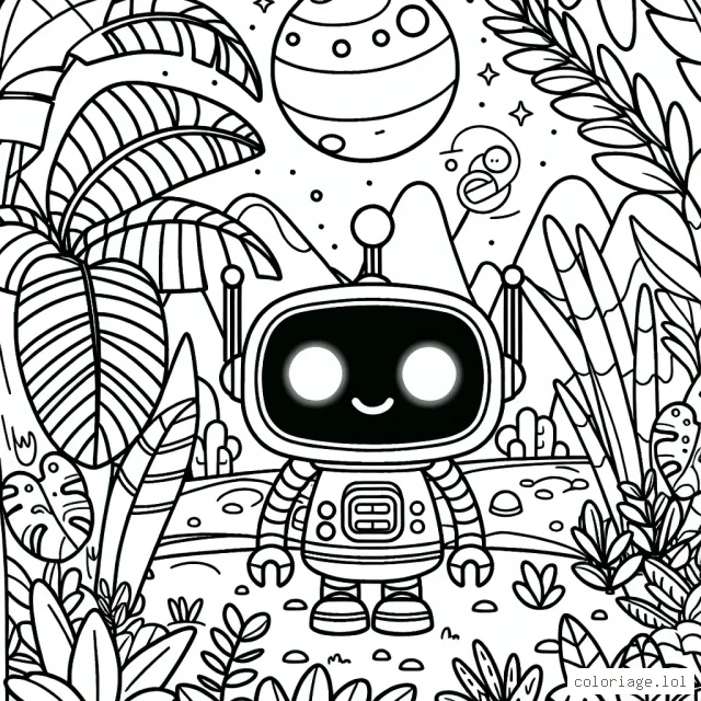 Dessine un robot amical aux yeux brillants dans une jungle spatiale pleine de plantes exotiques, avec au loin une planète colorée.
