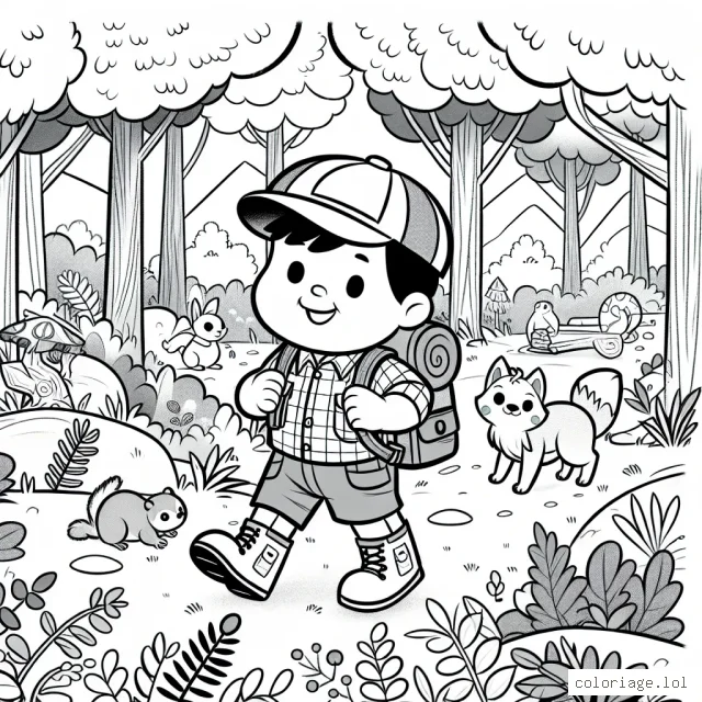 Un petit garçon courageux voyage à travers la forêt dense, avec son sac à dos plein d'outils pour explorer. Il porte une casquette et des bottes pour se protéger des éléments de la nature. Autour de lui, il y a des animaux comme des écureuils, des lapins et des oiseaux. Avec lui, son fidèle chien qui l'aide à affronter cette excitante aventure.