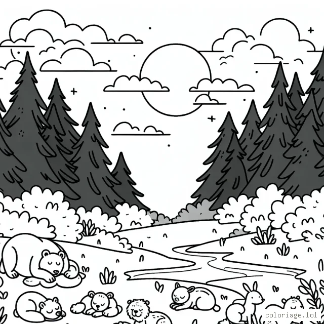 Un paysage forestier en pleine nuit avec des animaux endormis et une clairière éclairée par la lueur de la lune