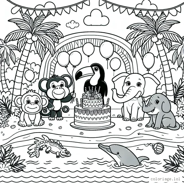 Sur une île exotique entourée de palmiers, un groupe de joyeux animaux - un singe, un éléphant, un toucan, un lézard et un dauphin - organise une fête avec des ballons et des guirlandes colorées. Une grande arche marque l'entrée de la fête, et un grand gâteau garni de fruits tropicaux attend d'être dégusté.