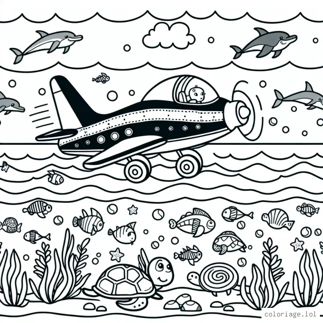 Un jet d'aventure vole au-dessus de l'océan, rempli de diverses créatures marines curieuses comme les dauphins, les tortues et les requins qui le regardent avec fascination.