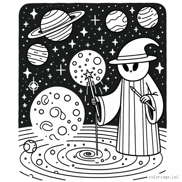 Un magicien extraterrestre crée des planètes avec sa baguette magique dans une galaxie lointaine.