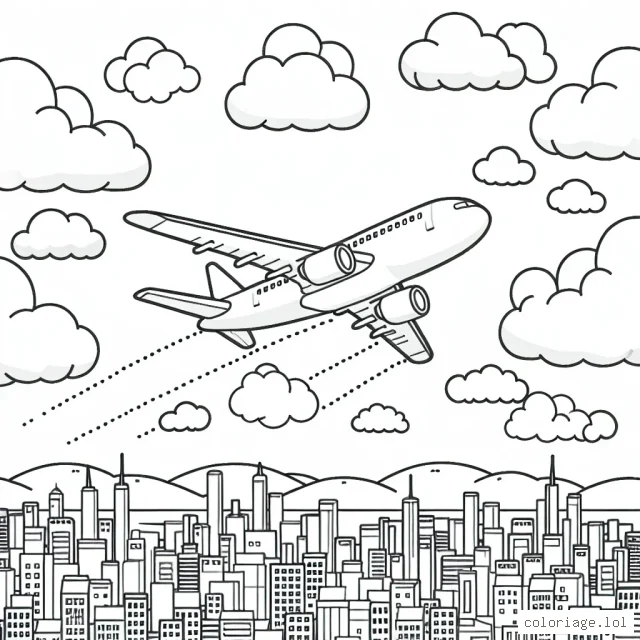 Dessine un avion qui traverse les nuages avec une vue panoramique sur la ville en dessous.